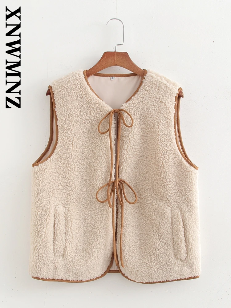 XNWMNZ 2024 Autumn New Female Vintage Lace Fleece Top Vest Casual Woman V-Collar Sleeveless Gilet Ruffles Regular Fit Waistcoat