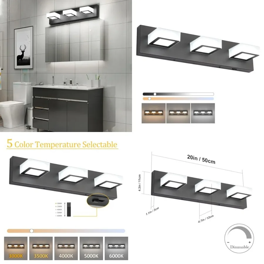 5 Color Temperature Modern LED Black Bathroom Vanity Lights Dimmable Acrylic Modern Black Bathroom Wall Lightg Fixtures