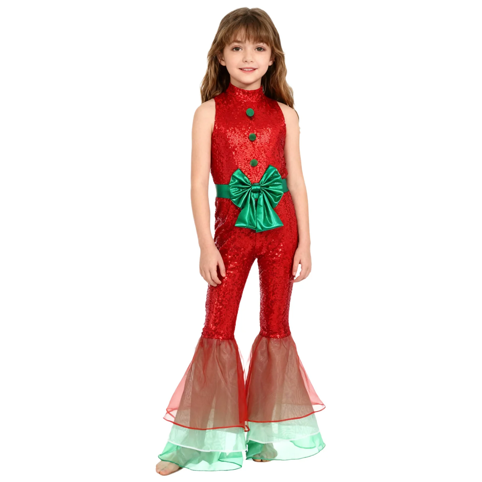 Kids Girls Christmas Jumpsuit Sleeveless Sparkly Sequin Pompom Bowknot Flared Legs Bodysuit for Holiday New Year Party Dancing