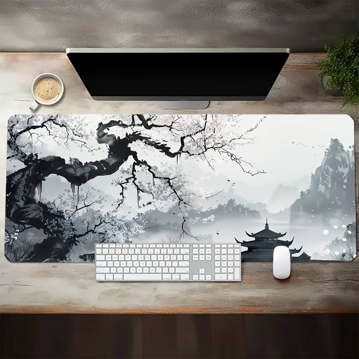 

Extra Large Ink Rectangular Mouse Pad Desk Pad Anti-Slip Rubber Base Extended Gaming and Office Comfort Wristband Keyboard Pad