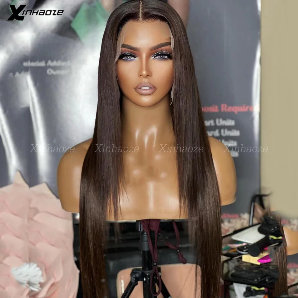 2# Dark Brown Straight Silk Base Lace Front Wigs Human Hair Wigs Pre Plucked 180 Density Bone Straight 13x6 Lace Frontal Wigs