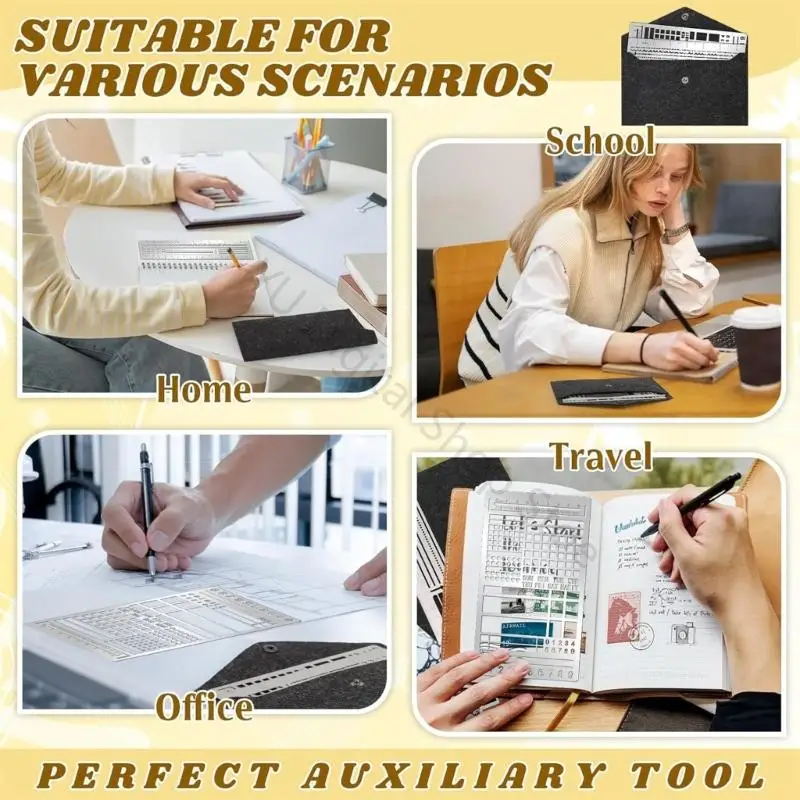 96BA Planner Stencil Set with Stainless Steel Journal Guide Templates, Ruler Scale, Checklist Blocks and Storage Sleeve for