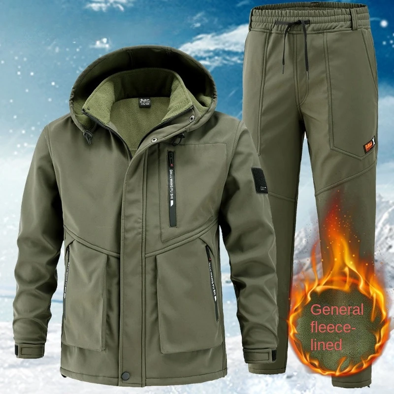 

Fleece Hooded Jackets Men's Sets Outdoor Windproof Waterproof Thermal Casual 2 Pcs Jackets+Wear-resistant Straight Cargo Pants