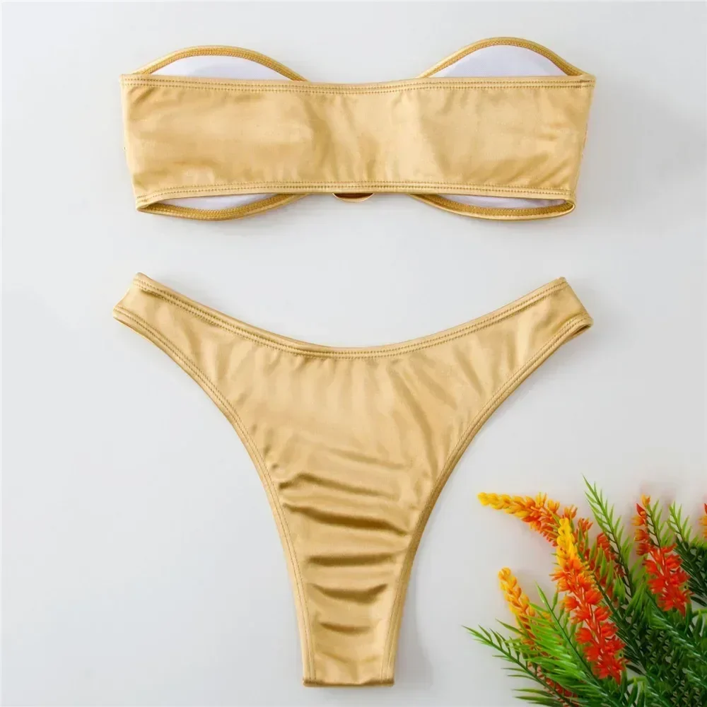 Sexy U Shaped Bandeau Bikinis Sets Mujer Strapless Swimwear Women Gold Swimsuit Bathing Suit Biquinis Brazilian Bikini Swim 2025