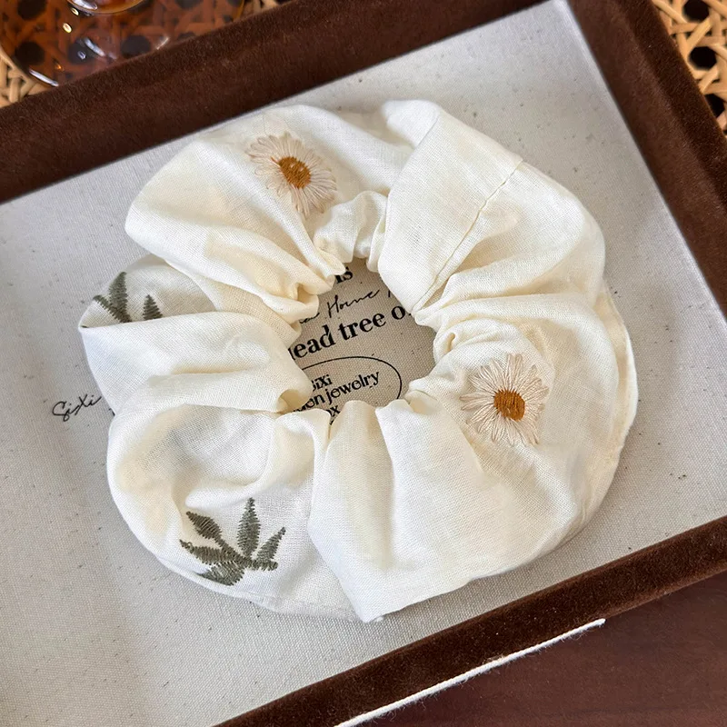 Scrunchie and Bandana Cotton Linen Embroidered Daisy Cream Yellow Boho Floral Vintage Travel Girls Casual Premium