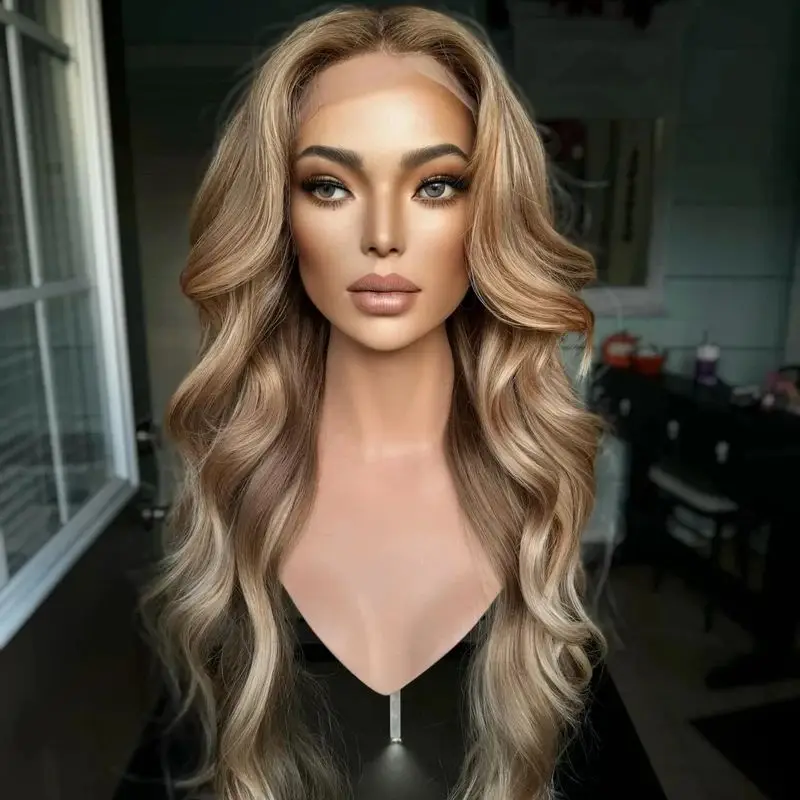 Moda parte média peruca feminina ombre loira marrom hd peruca frontal com raízes superior peruca sintética de alta qualidade peruca onda do corpo
