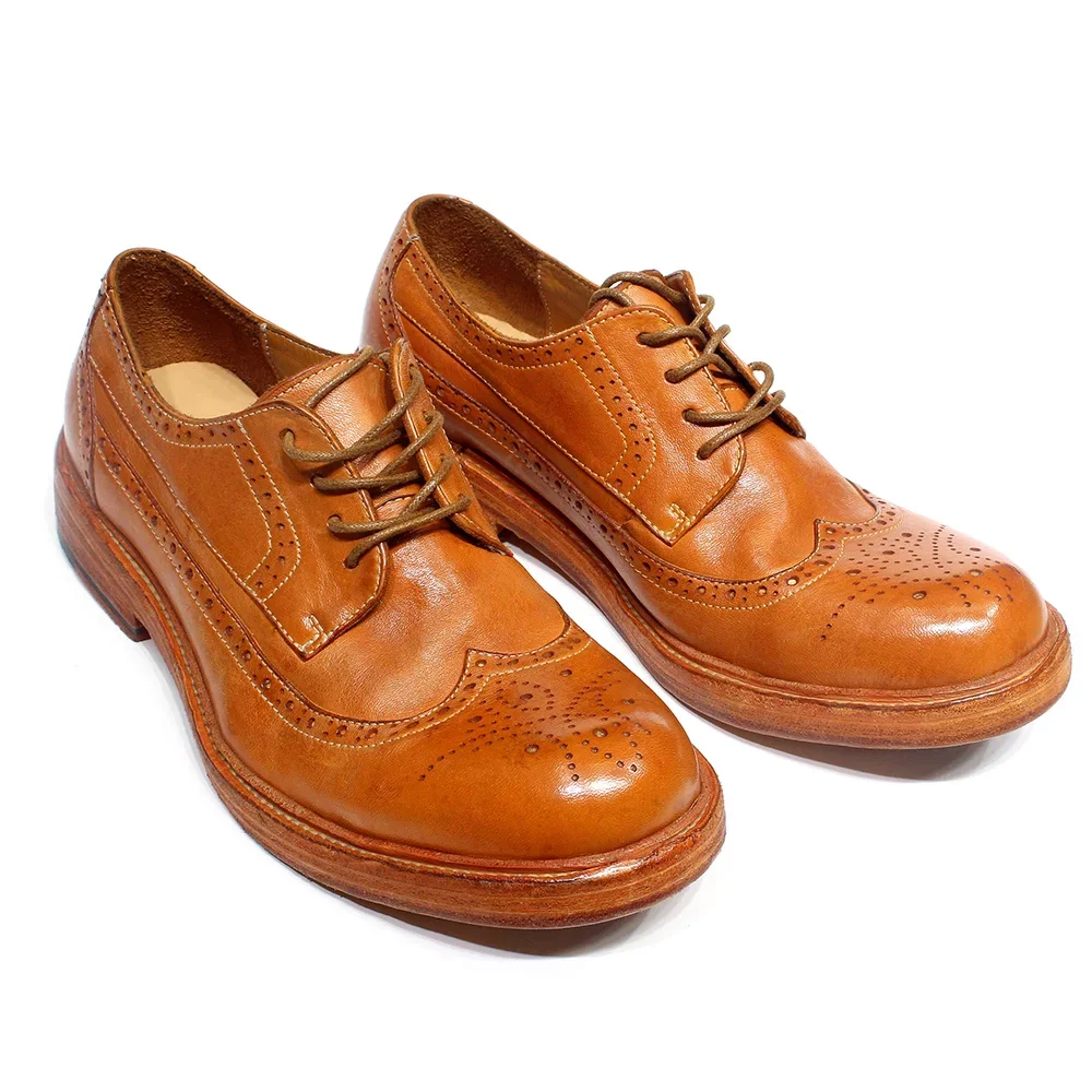 Goodyear Handmade Stitched Men\'s Derby Dress Shoes Soft Calfskin Genuine Leather Wingtip Brogue Comfortable Casual Footwear