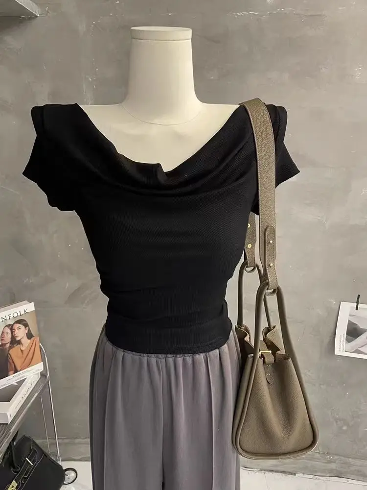 Wholesale Summer Swing Collar T Shirts Women Top Korean Style Short Sleeve Spring Basic Crop Solid Sexy Slim Fit Short T Shirt