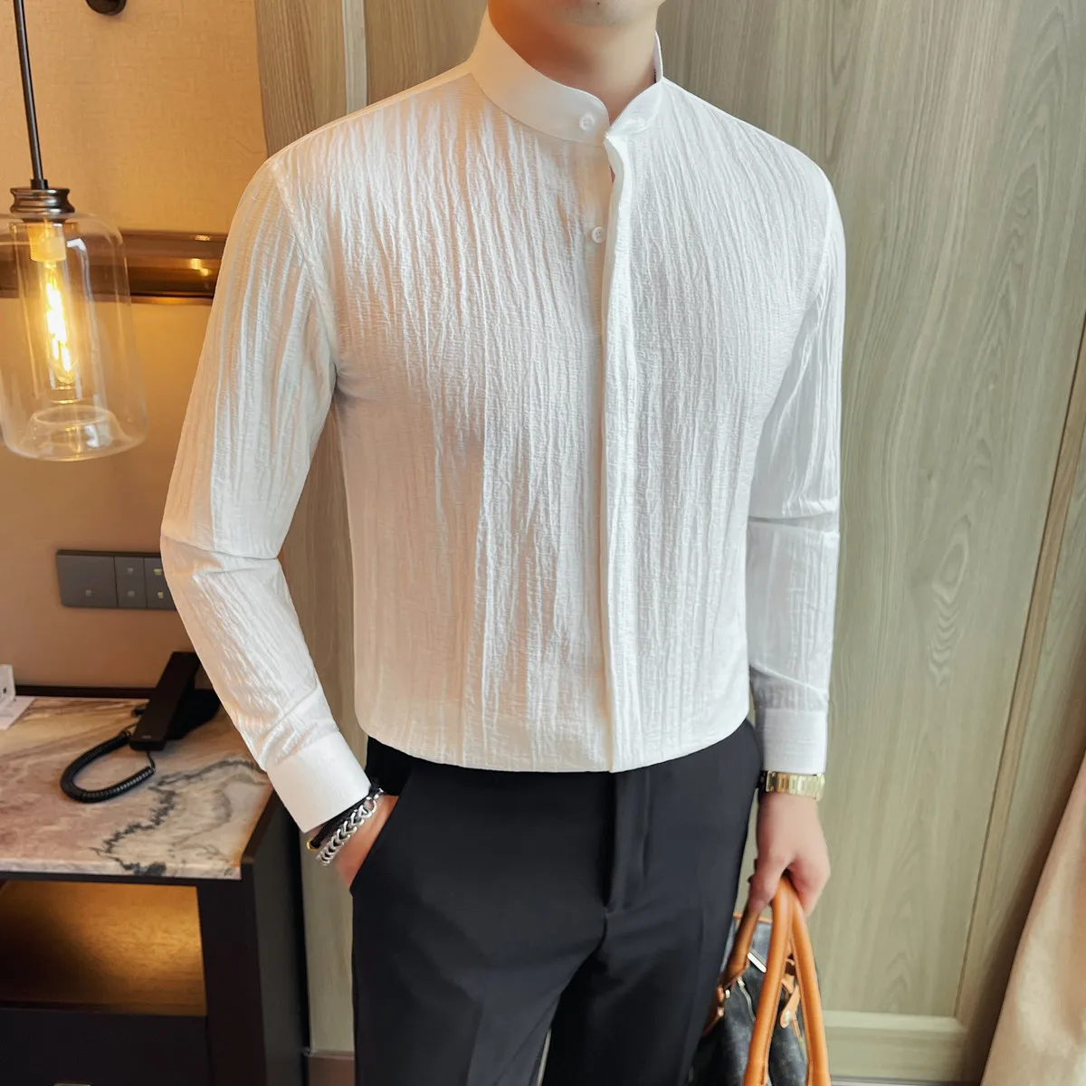 

Black/White Chinese Style Stand Collar Men Shirts Quality Long Sleeve Men's Social Shirt Dress Slim Fit Casual Lyocell Blouses