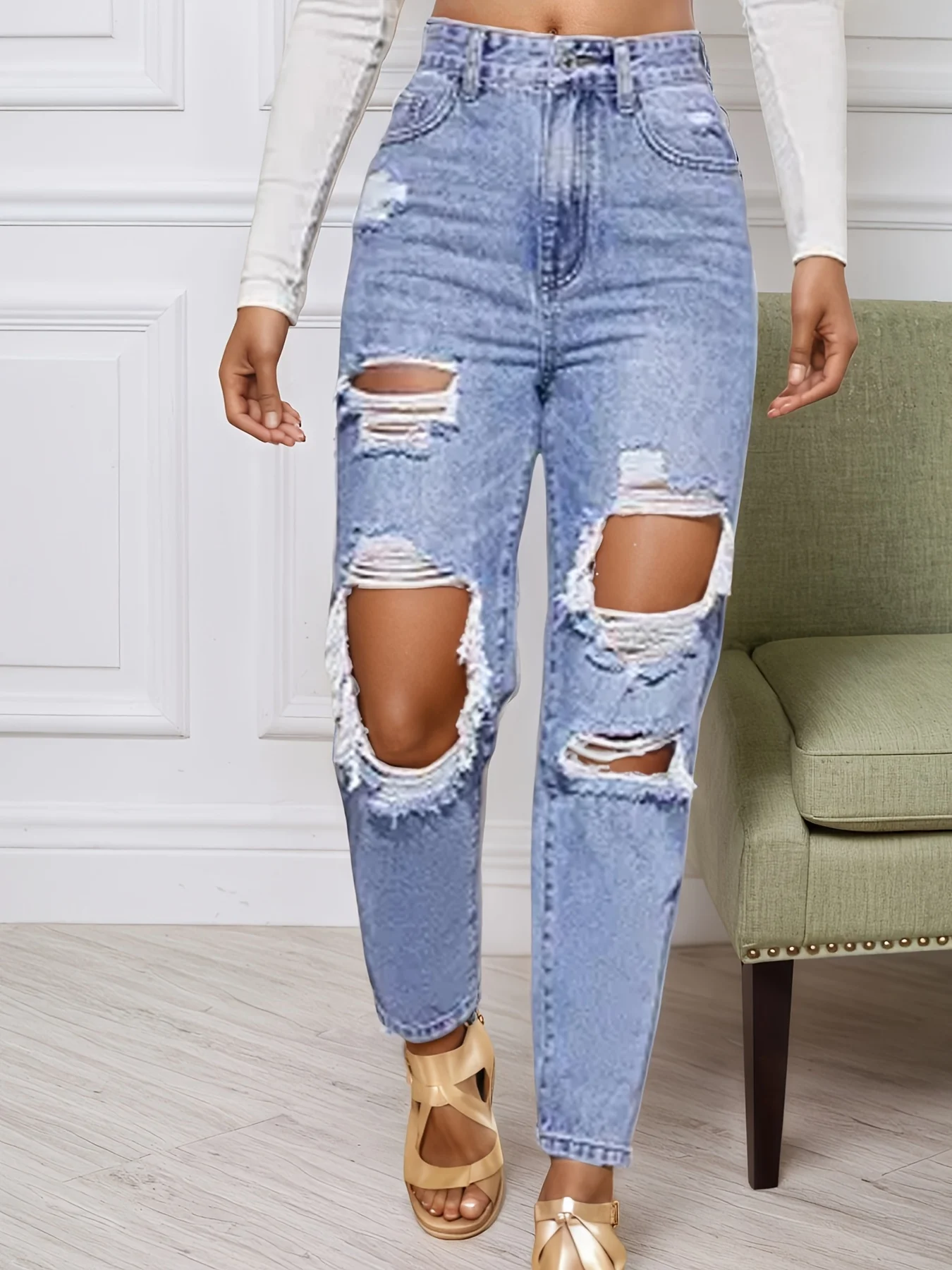 

Новые женские перфорированные джинсы 202, повседневный стиль, модные и универсальные, перфорированные, прямые брюки с завышенной талией,