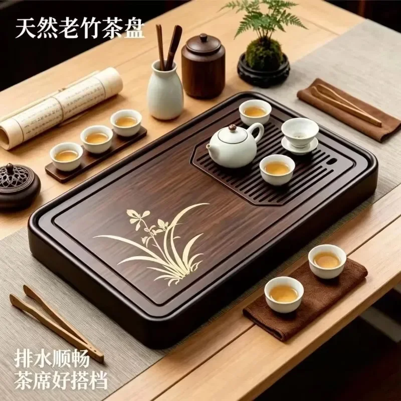 Natural Old Bamboo Tea Tray Carving Orchid Household Kung Fu Tea Set Drain Tray New Chinese Dry Brewing Table Water Stora