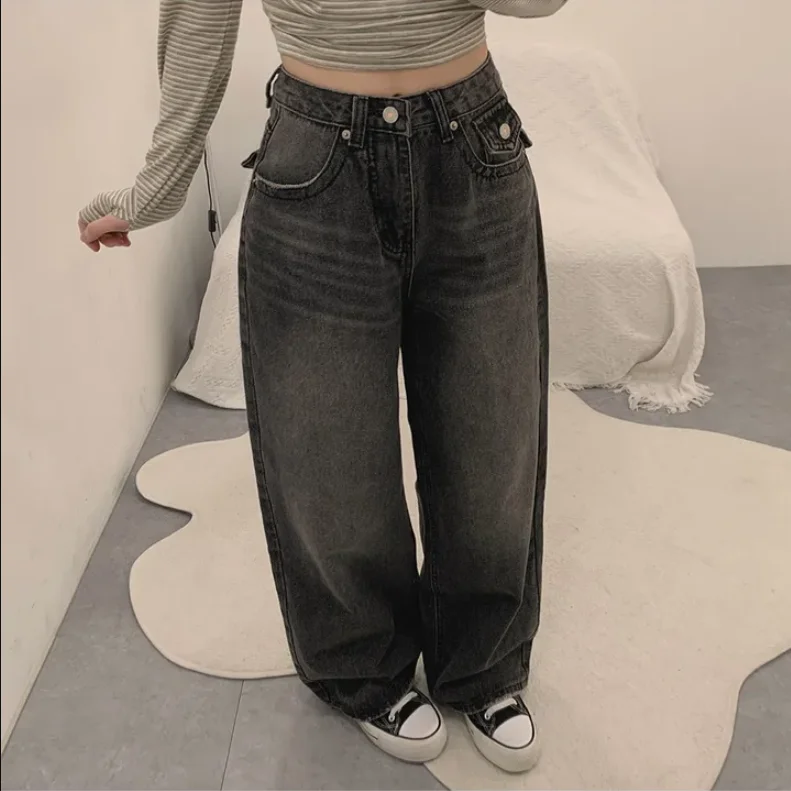 

Ретро джинсы с широкими штанинами и эффектом потертости, с высокой талией, повседневные, из хлопкового денима, с карманами, свободного кроя, универсальные, винтажные