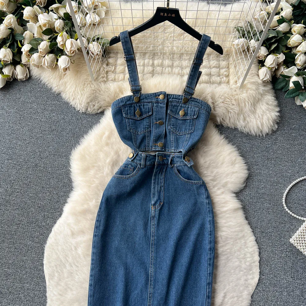 Fashion Summer Women Denim Suits Vintage Camisole Tops And High Waist Slim Long Slit Jeans Skirts 2 Pcs Set Sexy Female Clothes