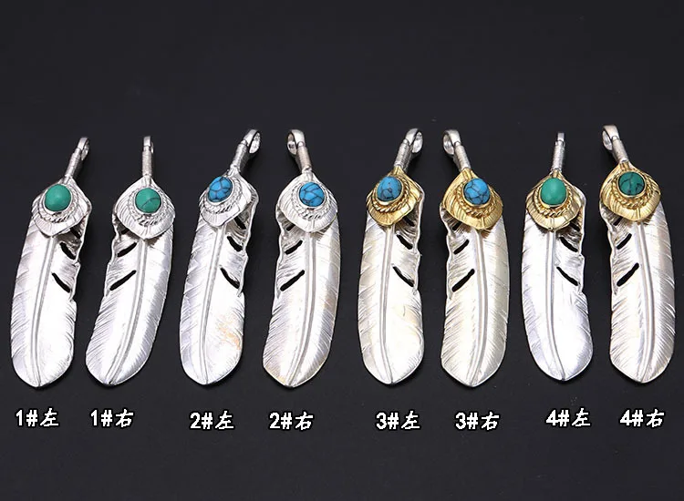 Japanese style handmade pure silver dot gold turquoise feather pendant for men and women, fashionable and personalized pendants,