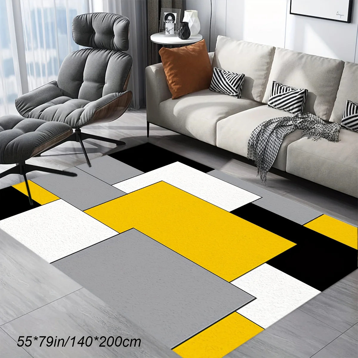 

Large Plush Crystal Velvet Area Mat - Black, Yellow & Gray Geometric Grid Pattern, Non-Slip Backing, Machine Washable for Living