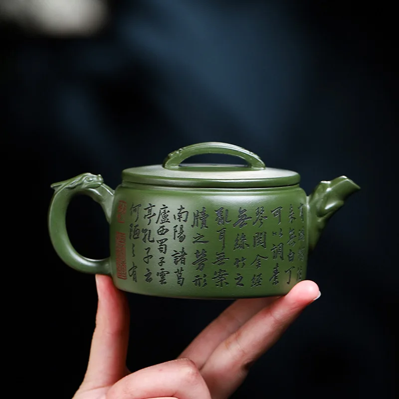 Yixing Dark Green Handmade Purple Clay Double Dragon Ruyi Tile Teapot Single Piece Available For Wholesale Live Streaming