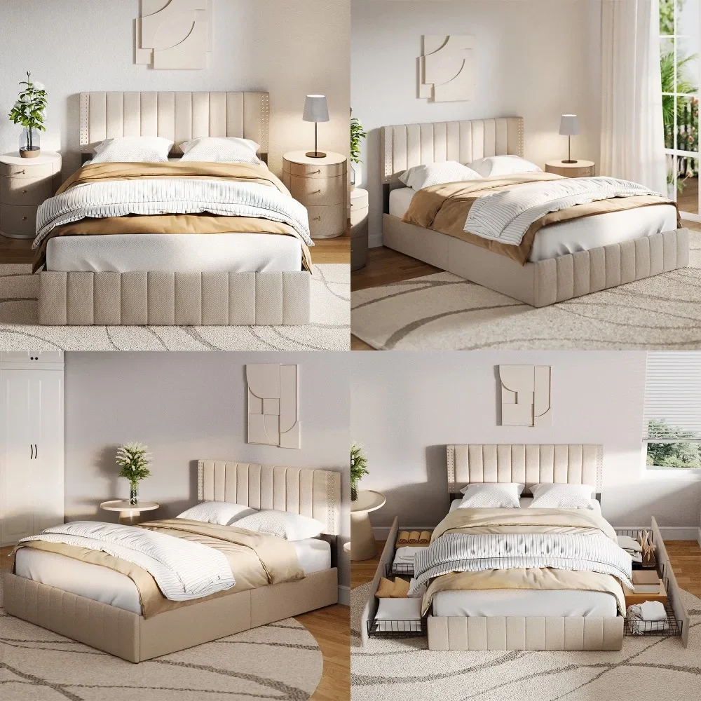 

Modern Queen Bed Frame with Adjustable Headboard and 4 Metal Storage Drawers, Noiseless, Box Spring Mattress, Beige