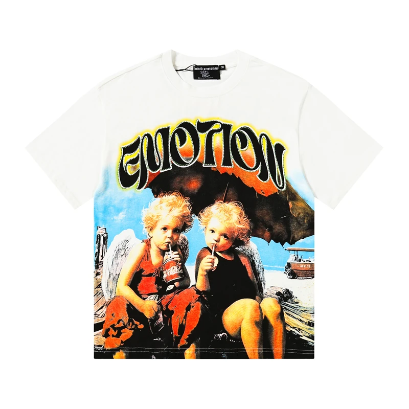 Fashion Men's and Women's MIXED EMOTION T-shirts Couple Streetwear Printing Hotfix Rhinestone Top Tee Round Neck Short Sleeve