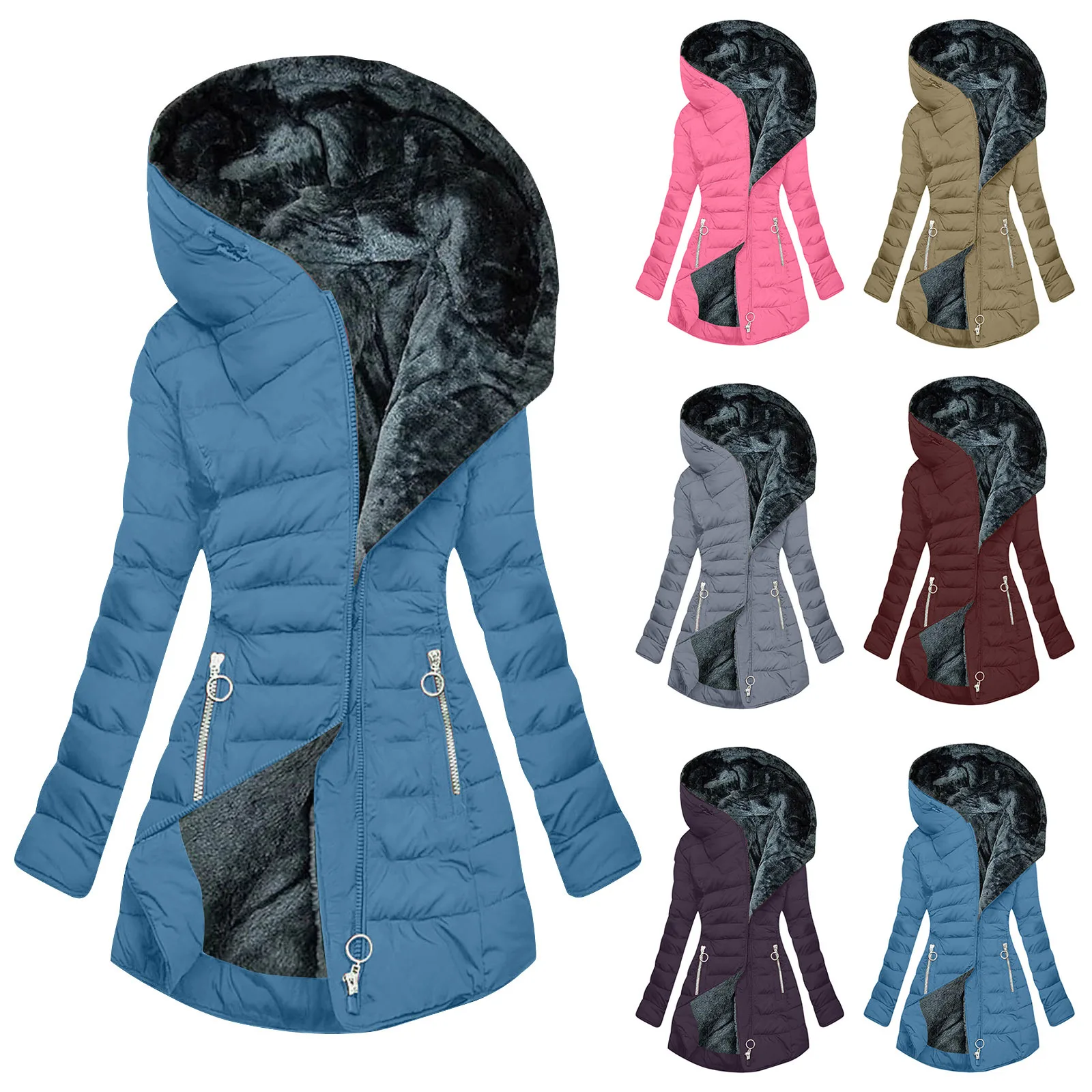 

Women's Mid-Length Cotton Padded Jacket Warm Fleece Lined Hooded Asymmetrical Zipper Outerwear