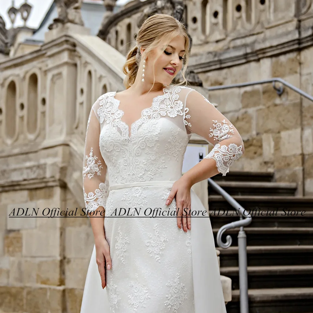 Robe de Mariée Classique de Grande Taille avec Traîne en Tulle Amovible, Manches 3/4, Col en V, Appliques, Balayage, Paillettes, Patients Sirène