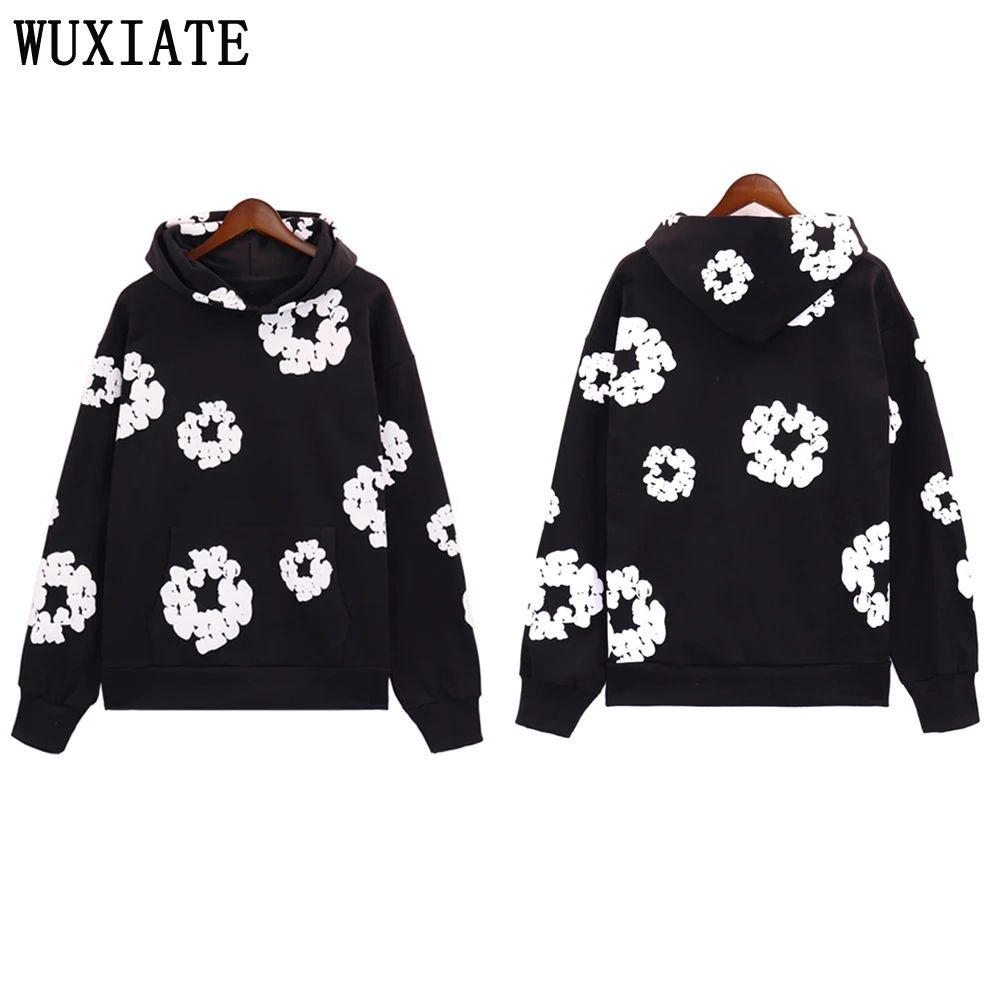 WUXIATE Men\'s hoodie sweatshirt 2024 High quality Pure cotton High Street cotton foam printed casual fleece hoodie