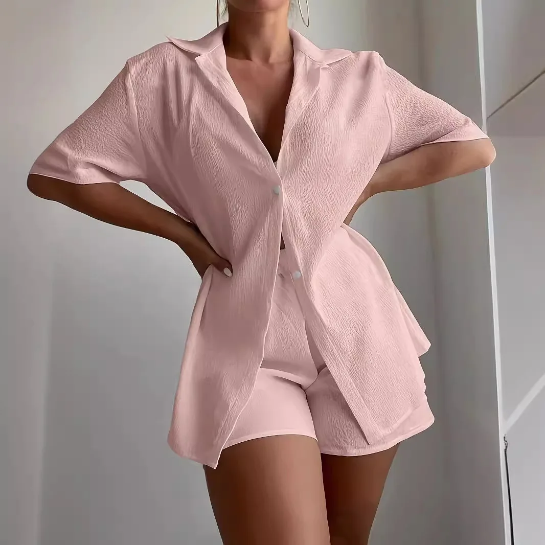 

2025 Summer New Women's Set Solid Color Shirt Shorts Loose Casual Two Piece Set
