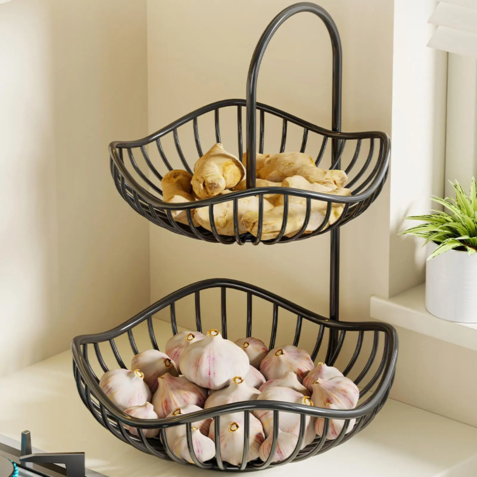 Two Tier Fruit Basket Metal Black Countertop Storage Organizer for Garlic Ginger Onions Vegetables Snacks Bread Pantry Kitchen