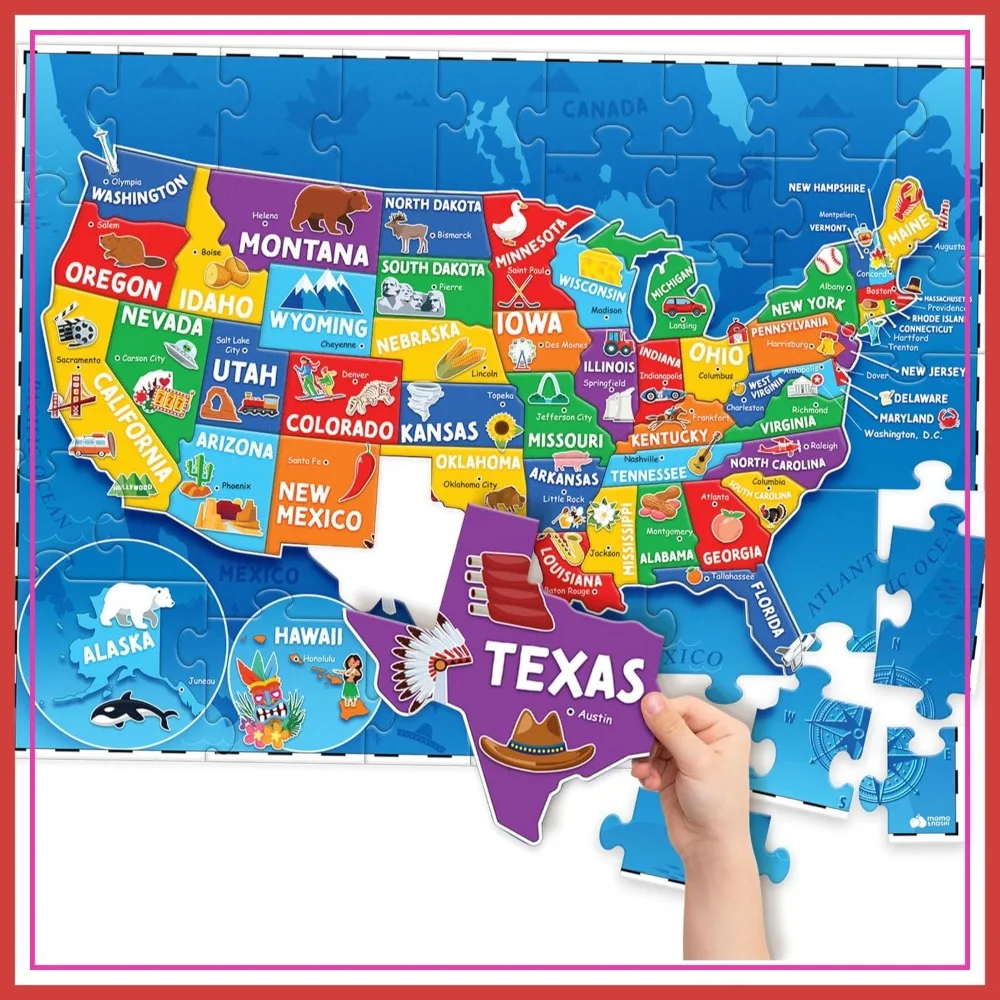 

70 Pcs USA Map Puzzle with States & Capitals - Educational Floor Jigsaw for Kids