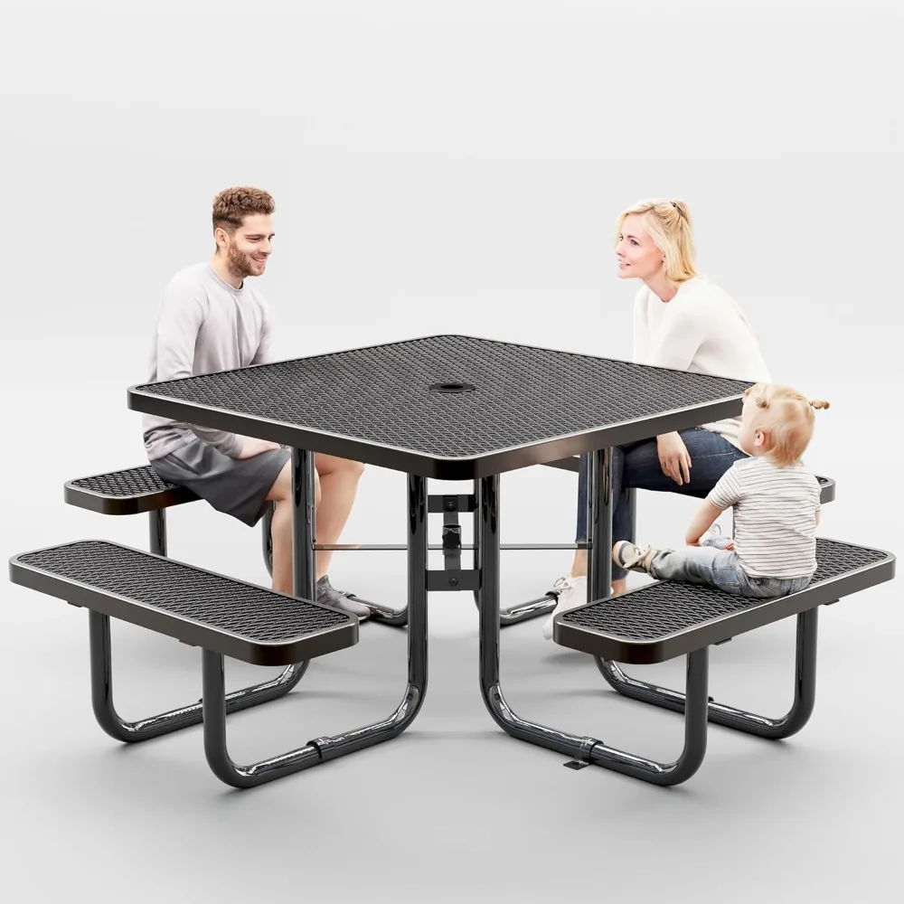 

Metal Picnic Tables for Outdoors with Umbrella Hole - Coated Steel Heavy Duty Commercial Grade Table with Adjustable Seats (Blac