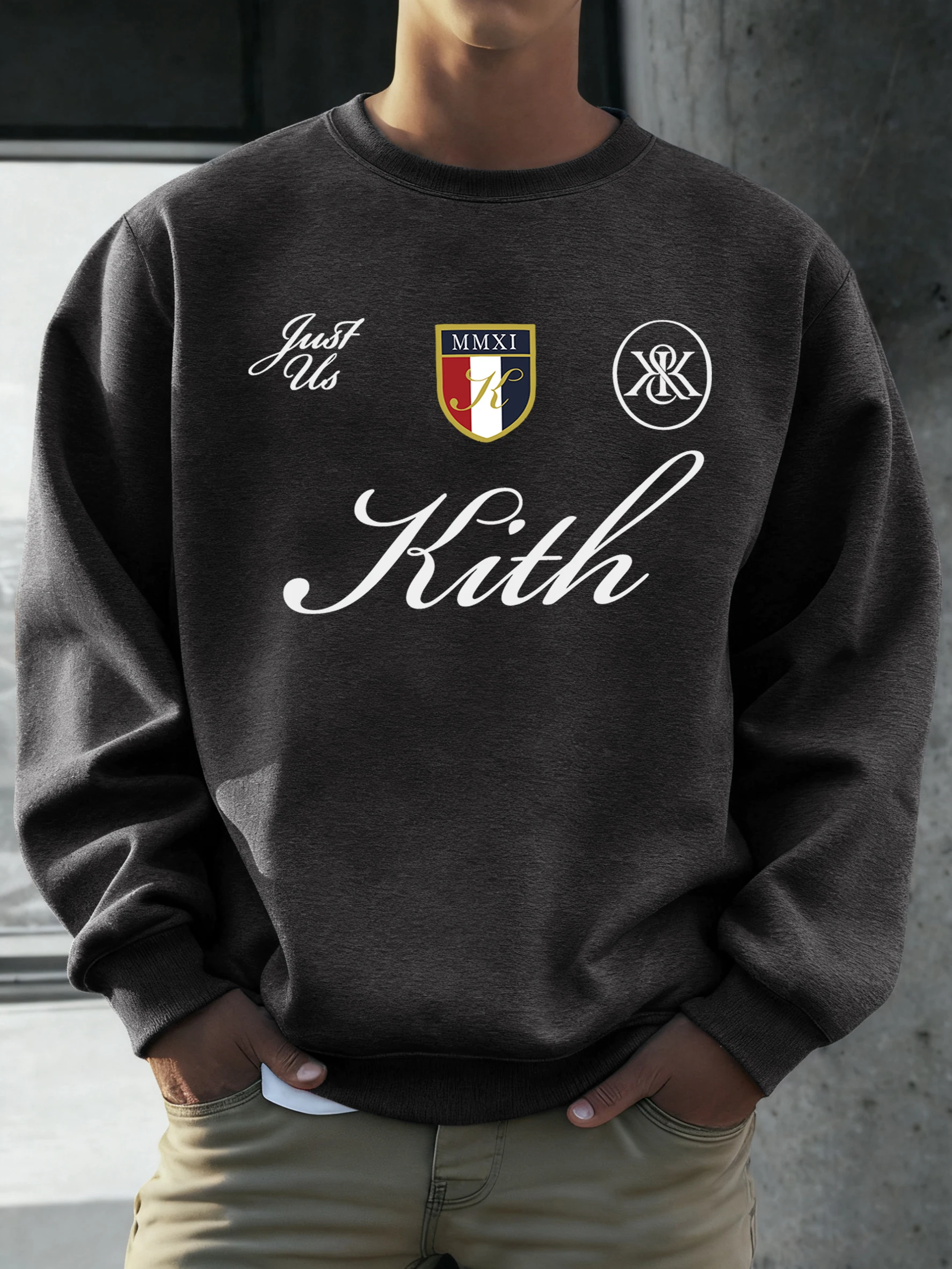 

Мужской свитшот Just Us Kith с художественным принтом, мягкий, свободный, с длинными рукавами, повседневный флисовый пуловер, осенний унисекс ретро-спортивный костюм