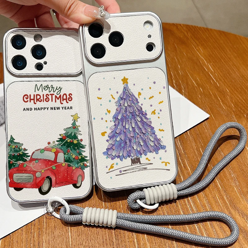 Wrist Strap Lanyard Phone Case For iPhone 18 17 Pro 16 15 14 13 Pro Max Christmas Tree Print Leather Texture Soft TPU Back Cover