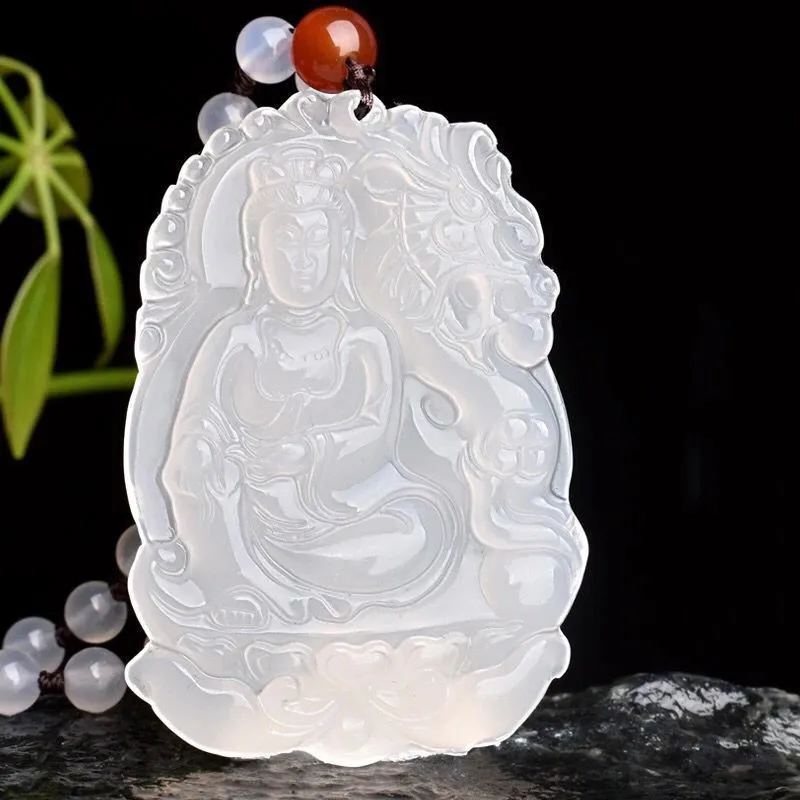 

Natural Brazilian High Ice White Jade Pith Riding Dragon Guanyin Brand Pendant Agate Men's Simple and Versatile Pendant