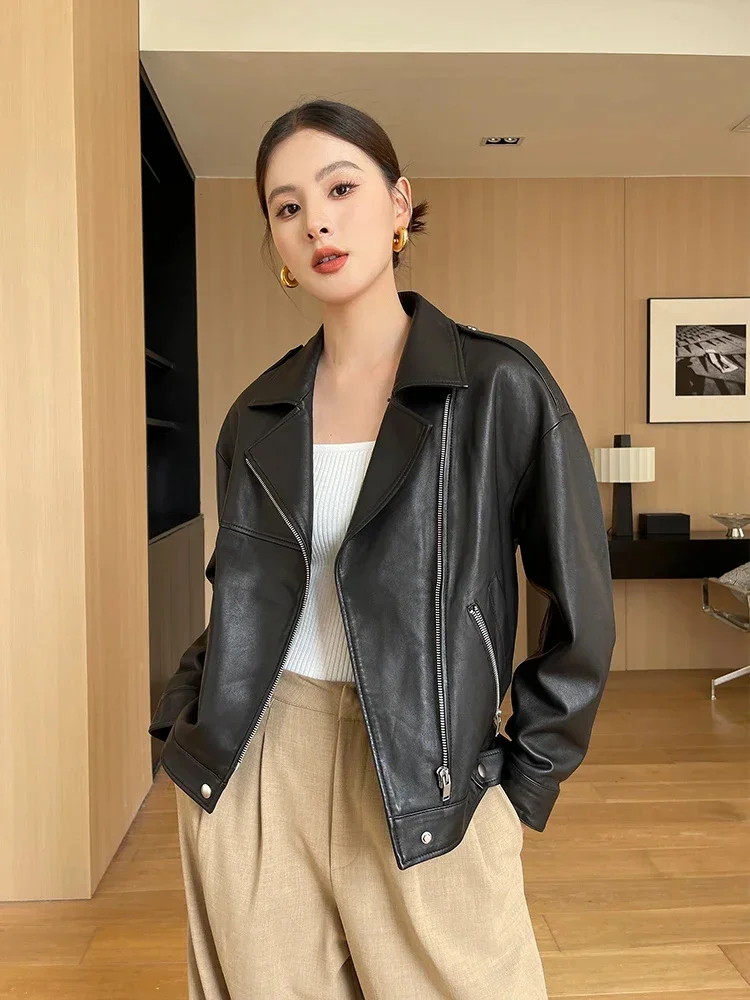 Real Black Sheepskin Leather Coat for Women Autumn Winter 2024 Trend High-end Vintage Loose Motorcycle Genuine Jacket