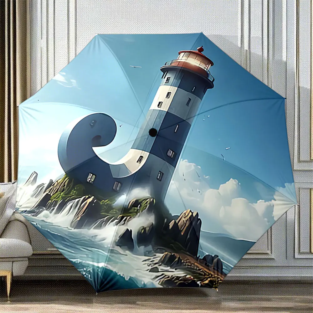 Curved Lighthouse on Rocky Coast with Ocean Waves portable waterproof sun rain umbrella for outdoor travel beach