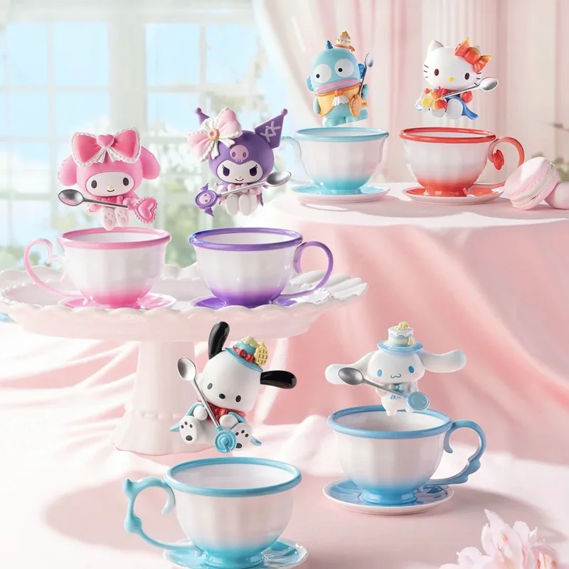 Sanrio Tea Cup Elf Series Figure Kuromi My Melody Pochacco Cinnamoroll Hello Kitty Hangyodon Figurine Anime Doll Model Toys Gift