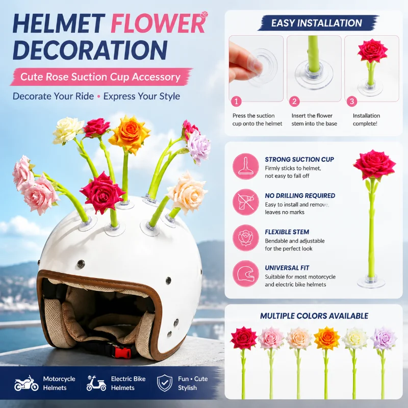 Helmet Rose Flower Decoration Suction Cup Accessory Cute Artificial Flowers For Motorcycle Electric Bike HelmetUniversalOrnament