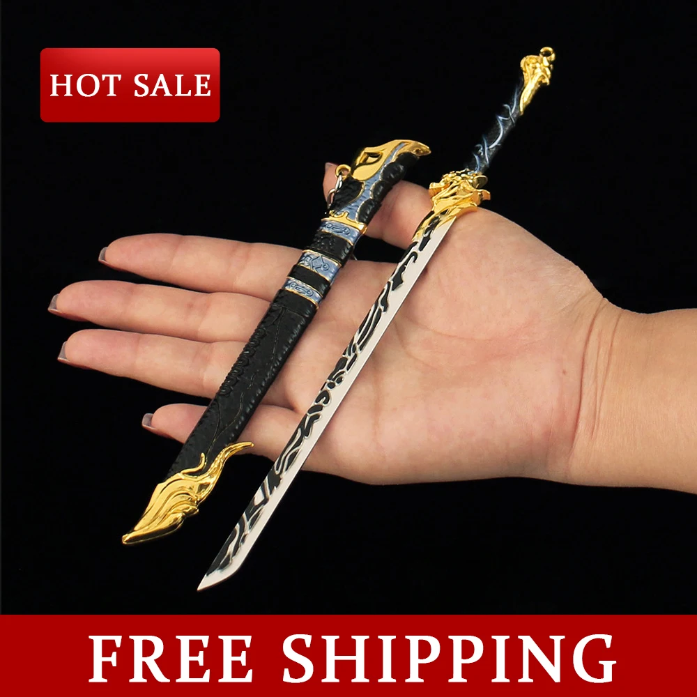 22cm Naraka Bladepoint Game Peripherals, Black Gold Ancient Knife, Sword with Sheath Keychain Alloy Model, Ornaments Toys Gifts