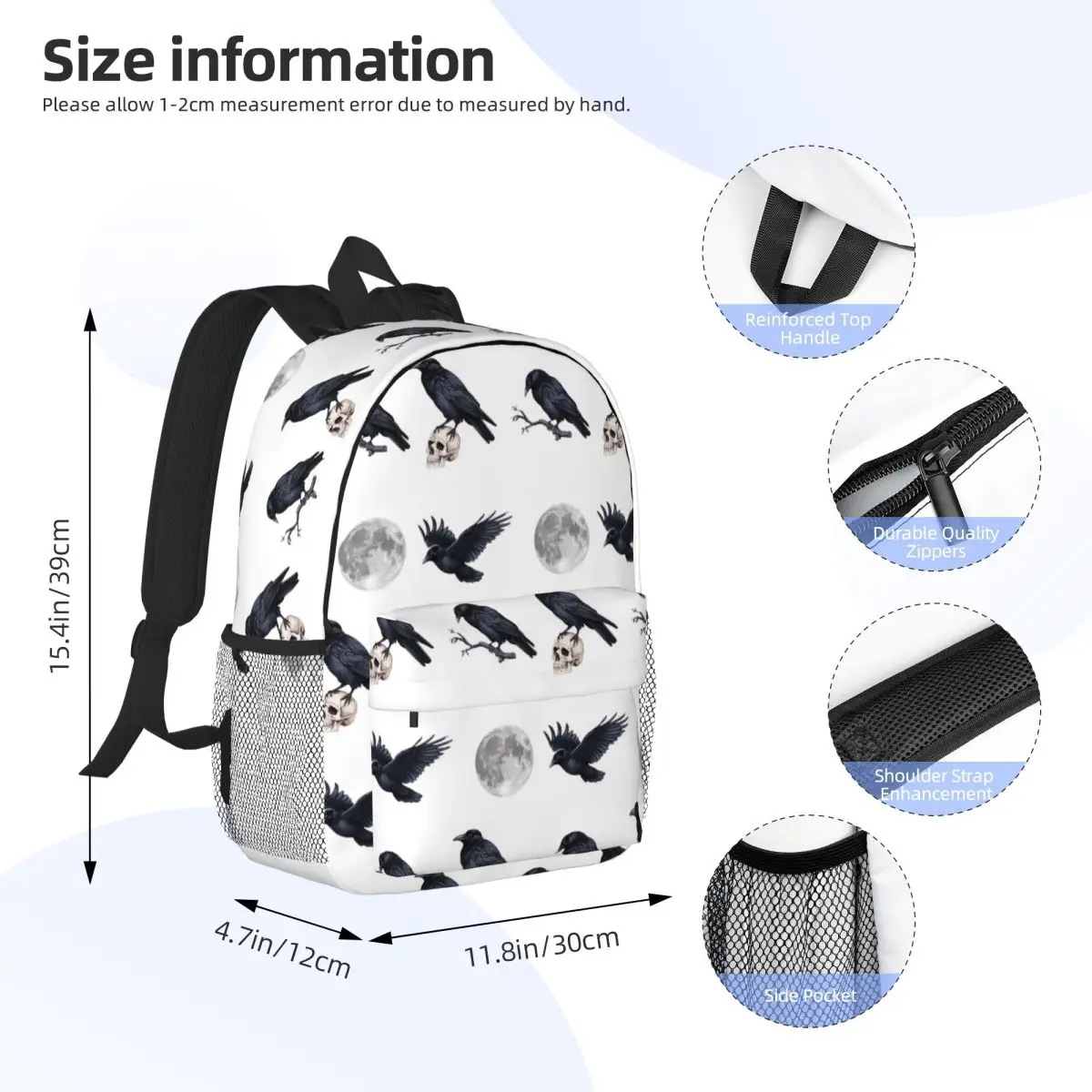 Trendy Black Raven Crow ,skull And Moon Pack Backpack Student Boys Girls BookBag Men Women School Bag Laptop Shoulder Bags