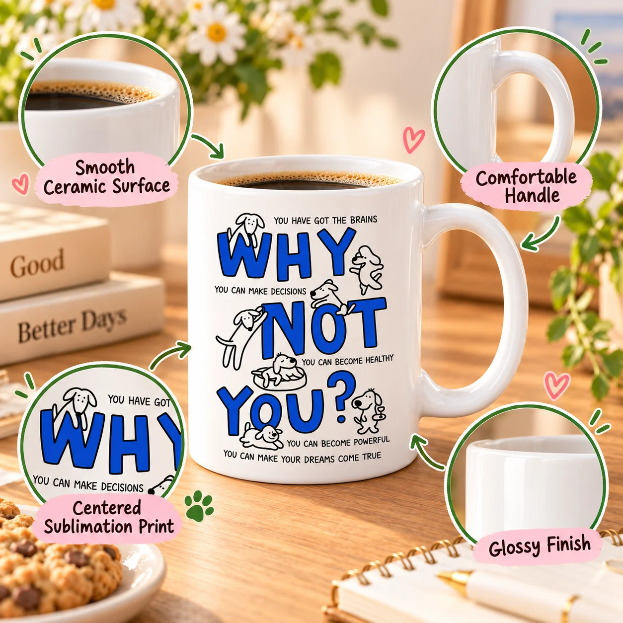 1pc Positive Quote Sublimation Ceramic Drinking Mug, “Why Not You?” Blue Letter Print Ceramic Cup, Special Gift For Friends