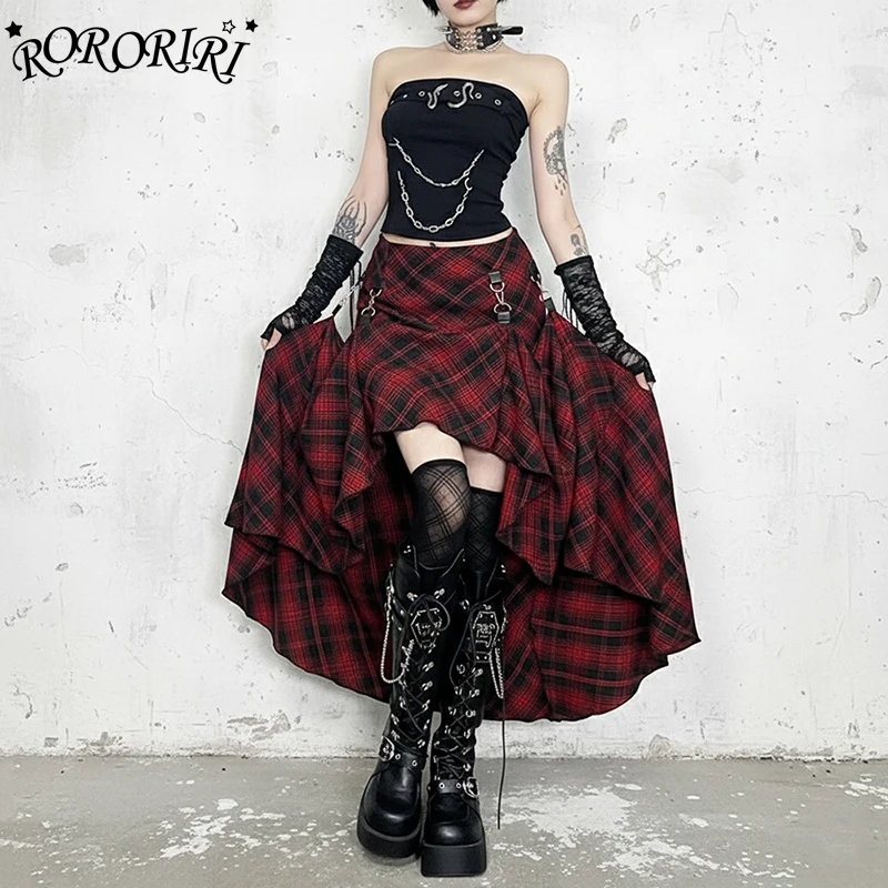 

Юбка-трапеция RORORIRI в клетку тартан, красная, винтажная, с асимметричными оборками, регулируемая, с низкой талией, длинная, в стиле альт-гот, для женщин, уличная мода
