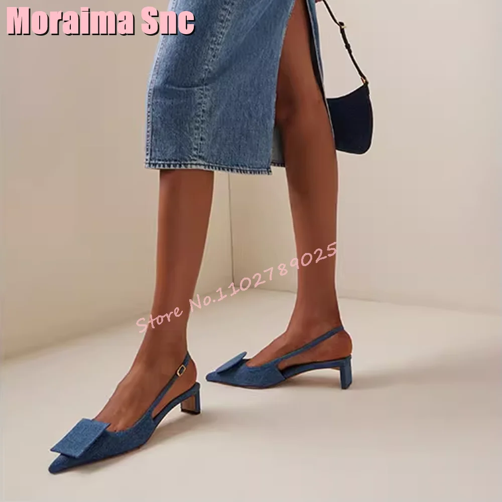 Retro Denim asymetryczne sandały ze specjalną klamrą płytkie szpiczaste Toe Slingback Suqare buty damskie na średnim obcasie lato 2024 nowość