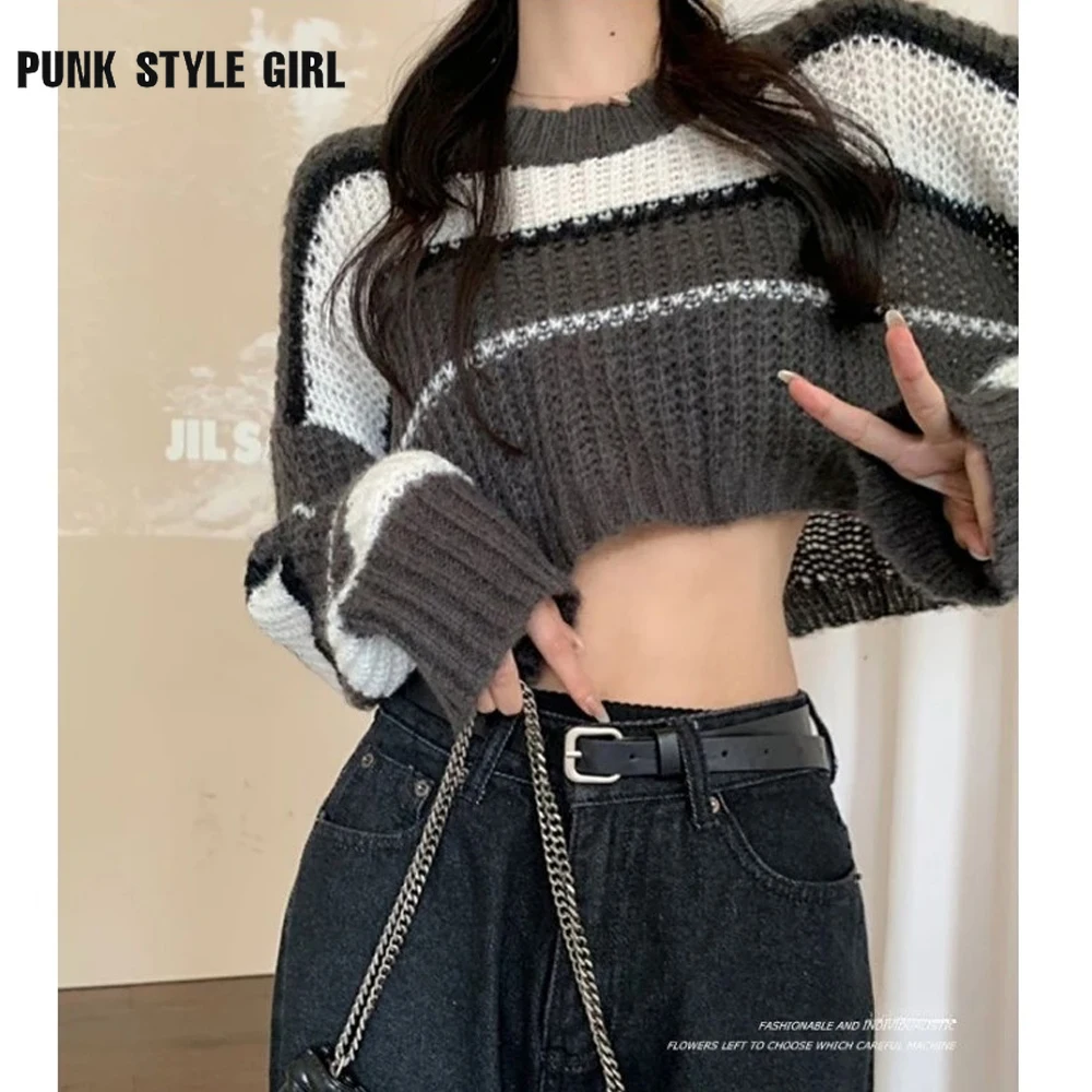 

Women Kpop Hippie Cropped Sweater Patchwork Harajuku Striped Streetwear Oversize Pullover Knitted Tops Korean Style Basic Jumper