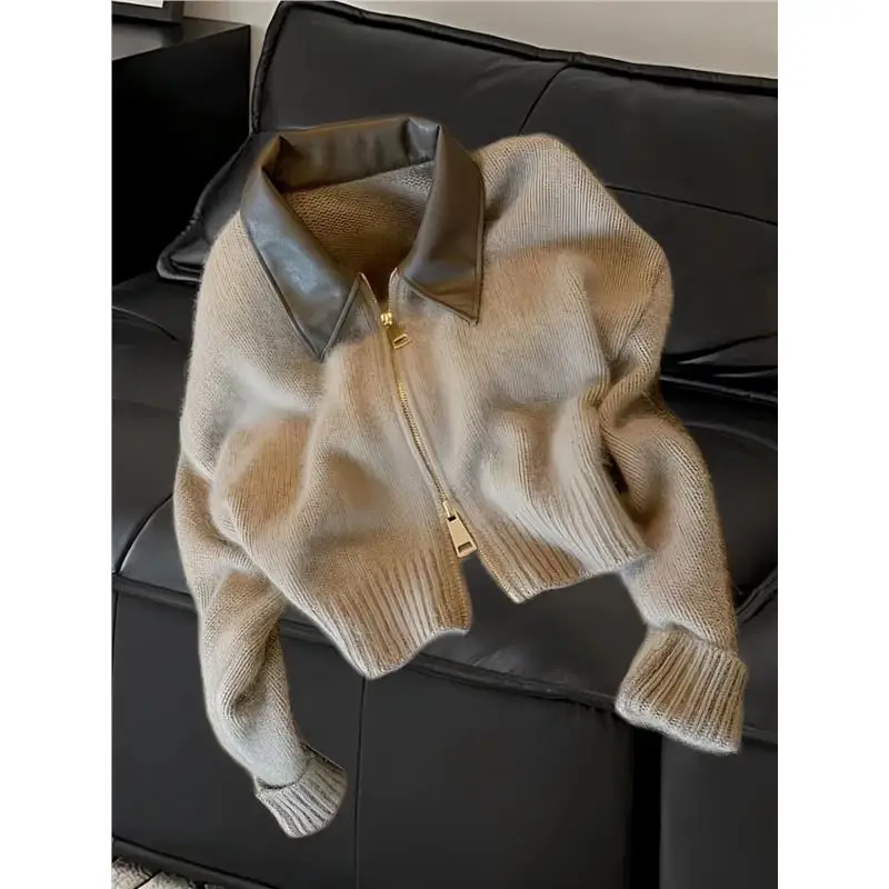 

Double Zipper Neck Knitted Open Cardigan Women's Autumn Winter Soft Sweater Jacket Leather Patchwork High-End Feeling