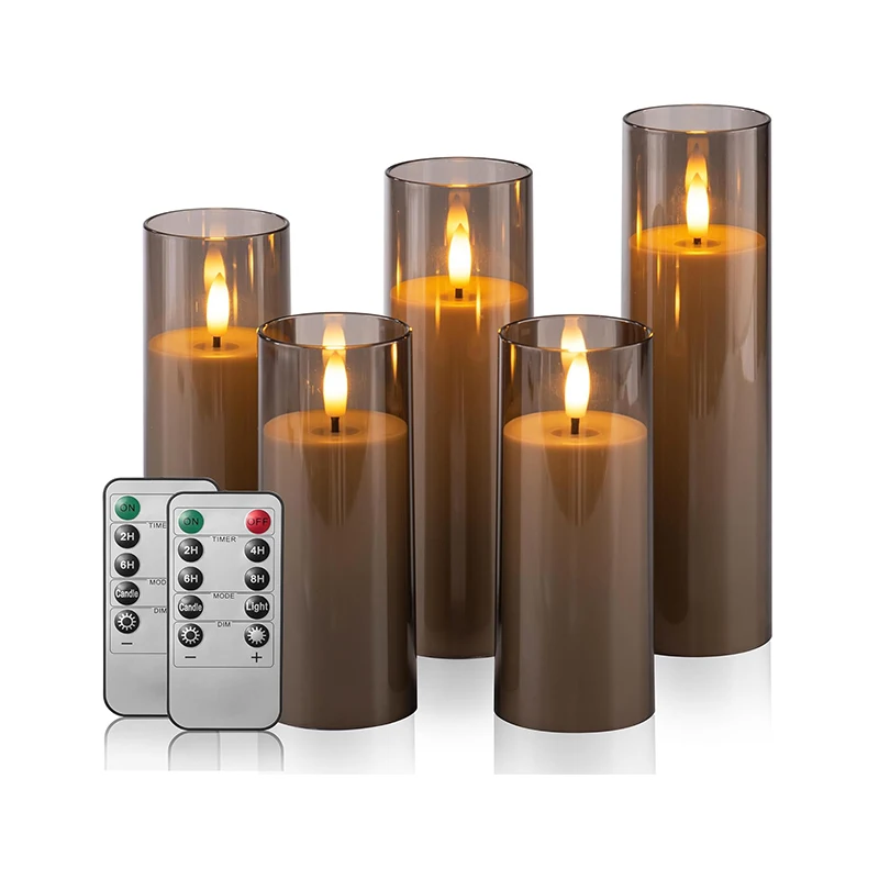 5pcs Set Gray Acrylic Flameless Candles Battery Operated Candles Flickering LED Pillar Candles with Remote Control and Timer