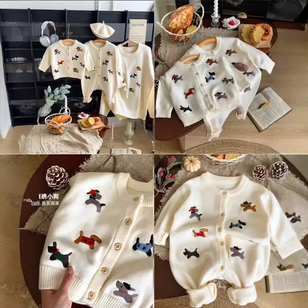 Family Matching Autumn Winter Cute Sweater Kids Girls Boys Carton Dog Knit Sweater Mother Son Daughter Round Neck Sweater