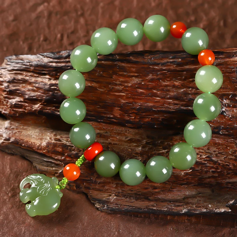 

Натуральный нефритовый браслет из синего и белого нефрита с круглыми бусинами, женский браслет с сапфировым слоном, мужские украшения, браслет из нефритовых бусин