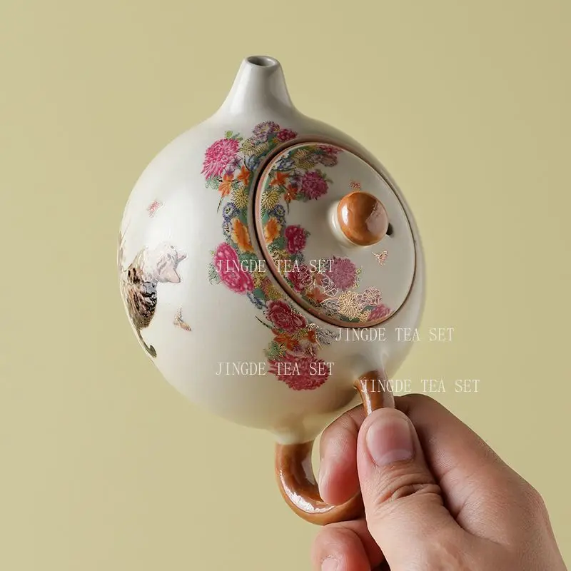 1 Pot, 2 Cups Ruyao Cat Tea Set Xishi Pot Chinese Style Teapot Underglaze Color Kungfu Tea Tasting Cup Drinking Utensils
