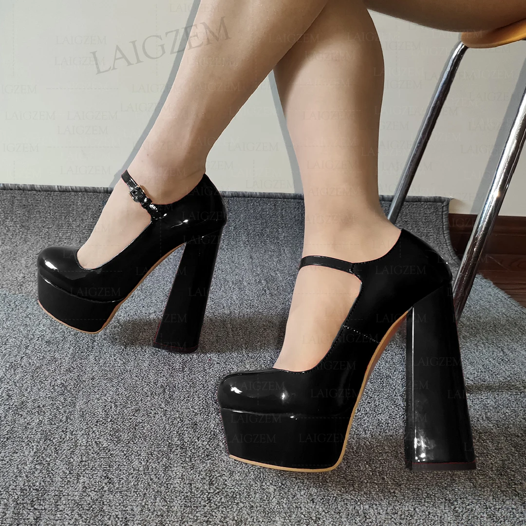 LAIGZEM Women Pumps Platform Mary Janes Round Toe Chunky High Heels Sandals Handmade Buckle Straps Shoes Woman Big Size 35 43 52