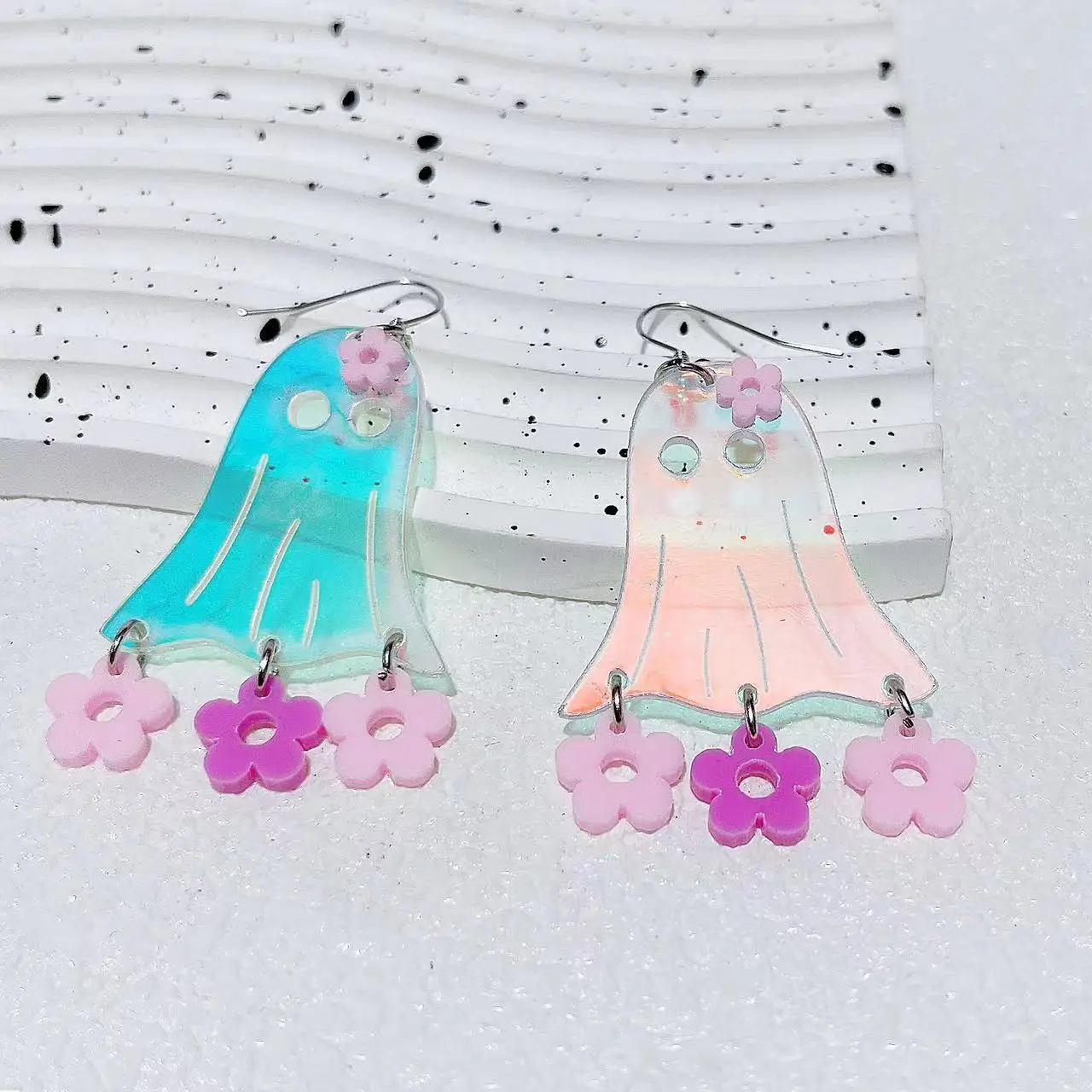 Floral Ghost Earrings, Halloween Laser Iridescent Cute Spirit Dangle, Vintage Style, Sweet Phantom Jewelry Charms, Spring Summer