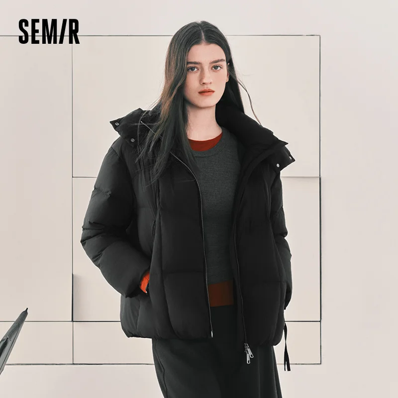 Semir Women Down Jacket 90 Percent Down Fill Hooded Design Loose Fit Mid Length Solid Color Warm Insulation 2026 Winter